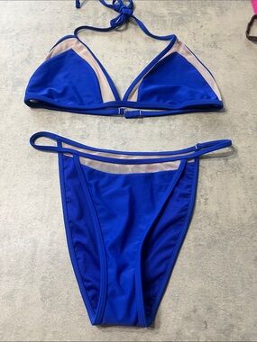 Forever 21 Cobalt Blue Triangle Bikini with Nude Mesh Trim